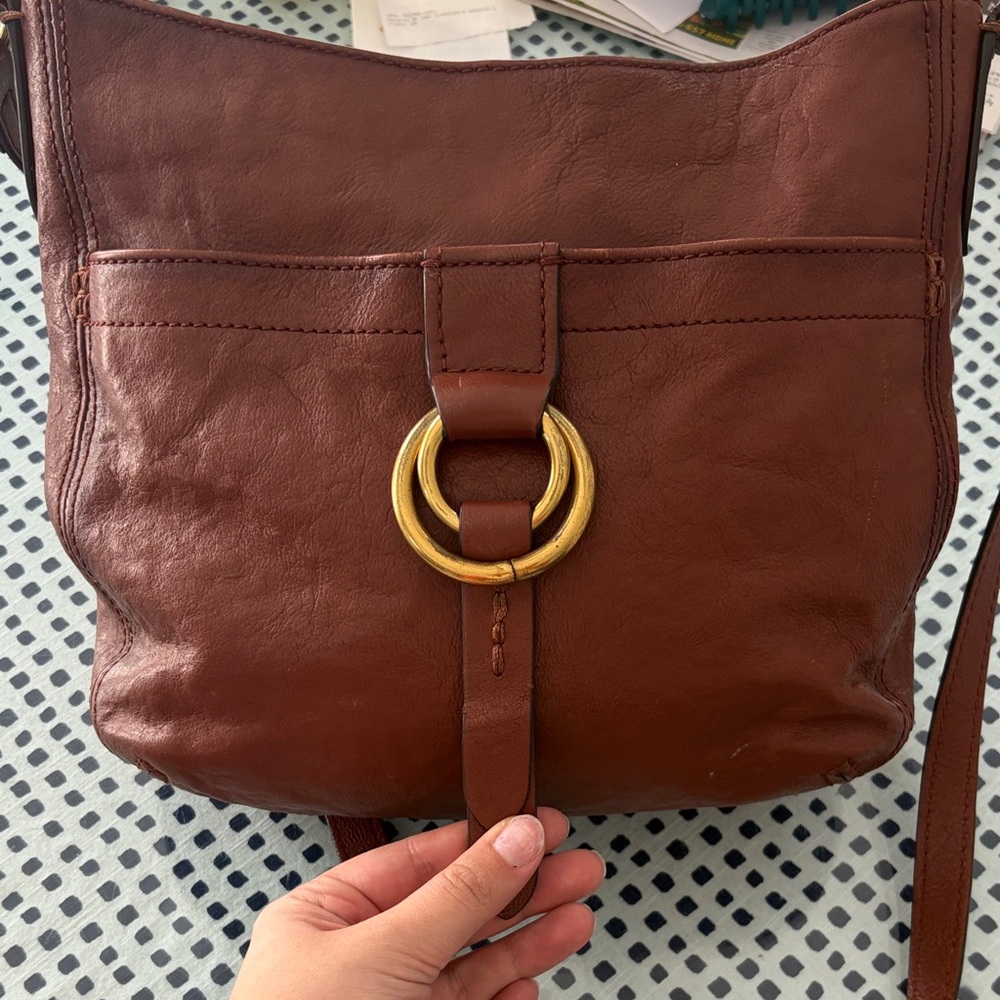 Frye Chestnut Leather Crossbody with Gold Ring Accent